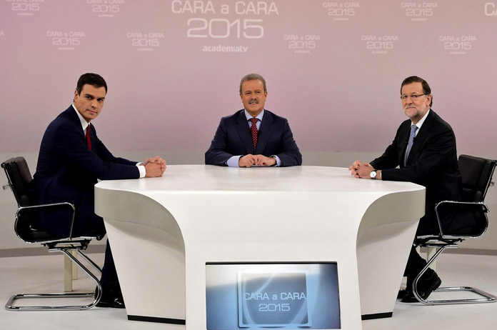 Mariano Rajoy y Pedro en el debate Cara a Cara de 2015 moderado por Manuel Campo Vidal