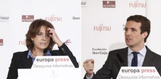 Dolores Delgado y Pablo Casado en los desayunos informativos de Europa Press, el lunes 15 y martes 16 de octubre de 2018 respectivamente
