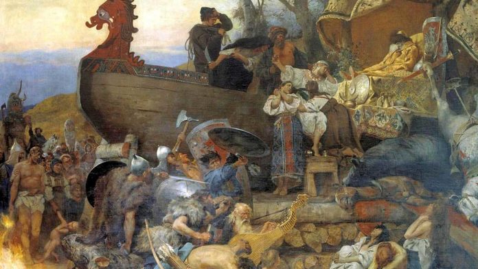 Funeral vikingo de Ígor de Kiev en el Rus de Kiev. Cuadro de Heinrich Semiradzki (1845-1902). Funeral vikingo de Ígor de Kiev en el Rus de Kiev. Cuadro de Heinrich Semiradzki (1845-1902).